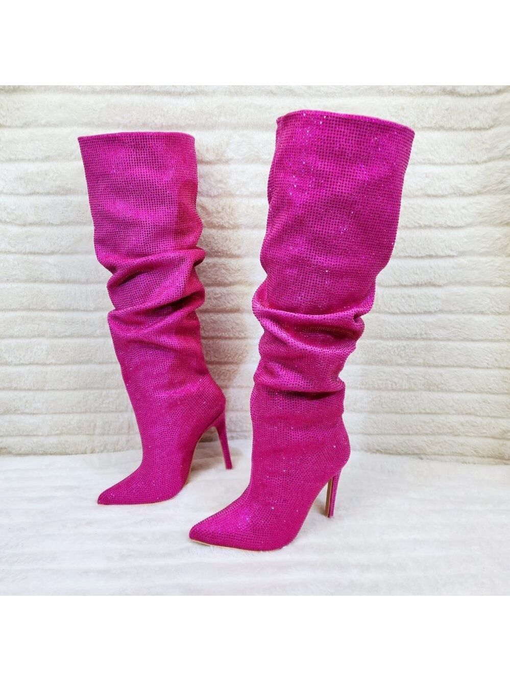 Radiant Fuchsia Pink Rhinestone High Heel Slouch Knee High Boots